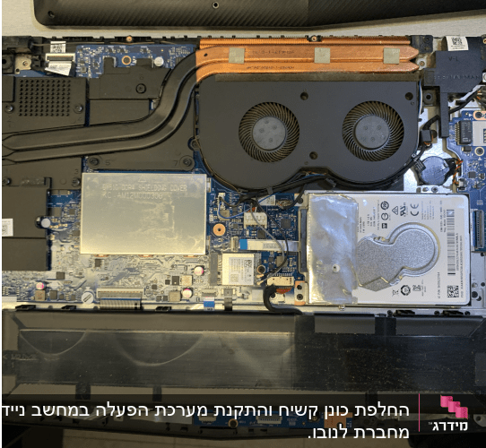 חלקים פנימיים של מחשב נייד עם מאווררים וכונן קשיח